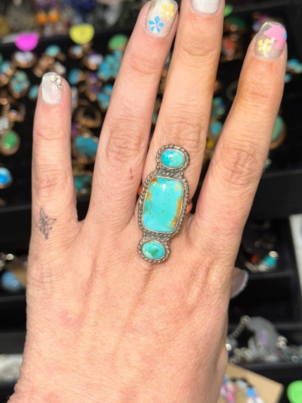 Turquoise 3 Stone Pure Copper Bypass Ring